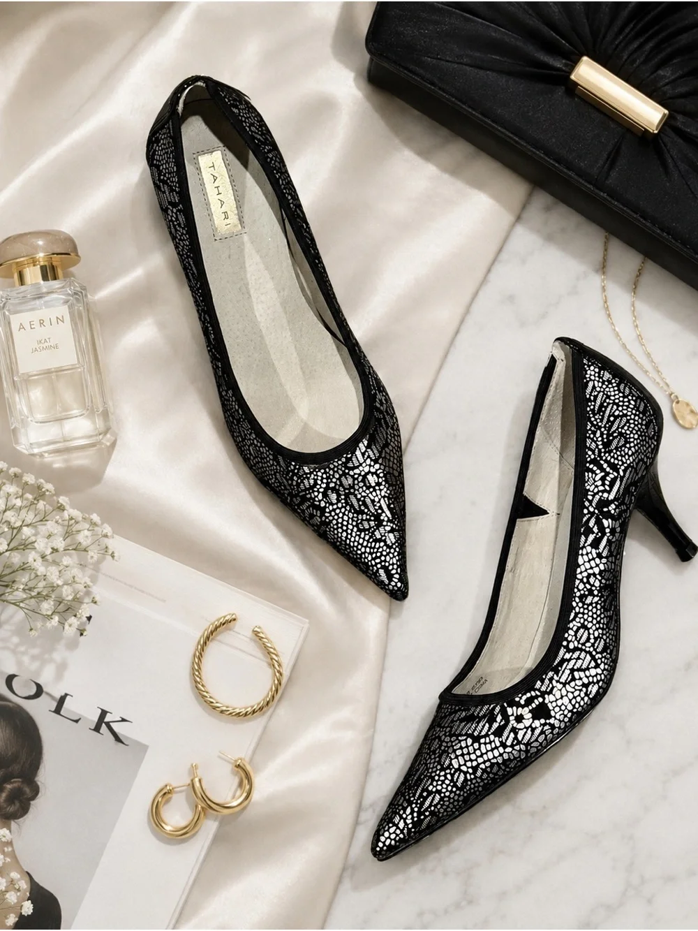 Tahari Black Lace Pointed Kitten Heel “Dottie” Pumps